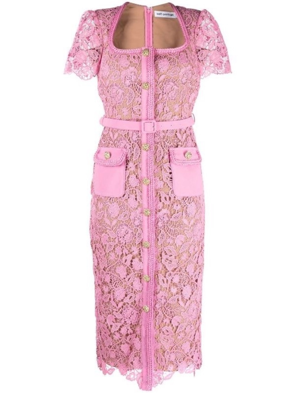 Self-Portrait Pink Giupure Lace Midi Dress with Belt - Size US 2